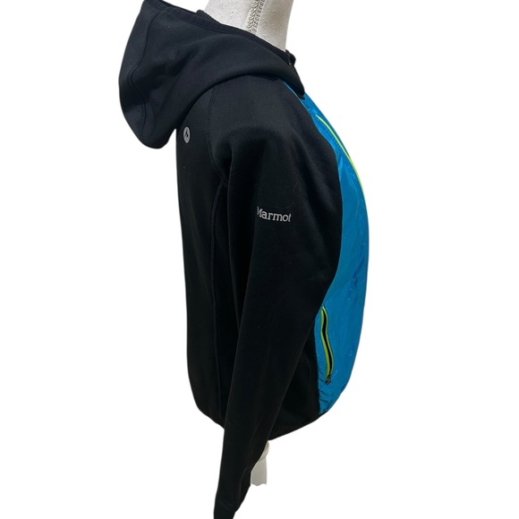 Marmot Variant turquoise, chartreuse, & Black Hooded puffer zip up Jacket large - Picture 7 of 12